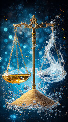 Poster - Scales balance gold and overflowing water above a mound of sand, creating a striking visual contrast against blue tones