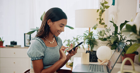 Poster - Phone, freelancer and laptop with woman in home office for social media, communication and blog post. Research, contact and networking with person or remote worker for ebook, writer and connection