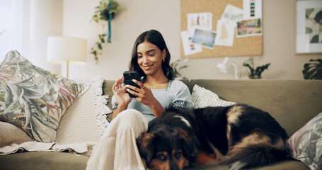 Poster - Typing, dog and phone with woman on sofa for bonding, social media post and pet adoption. Happiness, scroll and animal rescue with person in living room at home for foster care, search and online app