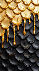 Poster - Golden scales with jagged edges drip elegantly over dark textured surfaces, showcasing a striking visual interplay