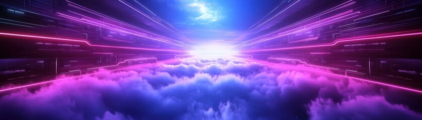 Wall Mural - a vibrant, futuristic landscape with beams of light and colorful clouds, creating a sense of depth a