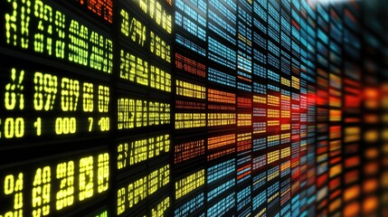 Fototapete - A digital stock market display with fluctuating graphs and numbers, ideal for creating a modern finance background with empty space for text or graphics.