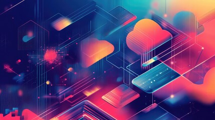 Poster - A high-tech digital illustration showing cloud data, network connections, and geometric shapes, symbolizing the advanced infrastructure of modern science and technology.