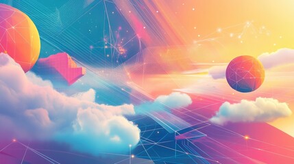 Poster - A high-tech digital illustration showing cloud data, network connections, and geometric shapes, symbolizing the advanced infrastructure of modern science and technology.