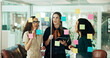 © peopleimages.com - Meeting, scrum and teamwork with business people in office for schedule, brainstorming and task progress. Planning, timeline and workshop with employees for sticky note, training and moodboard