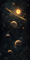 Wall Mural - Artist's view of our solar system. Colorful planets, some with swirling gas, dance among a starry backdrop