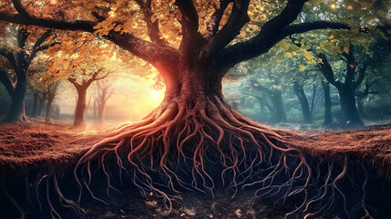 Wall Mural - dream where vast network of roots underground, connecting trees of different kinds, representing the