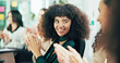 © MagicDavid/peopleimages.com - Planning, applause and conference with business woman in office for seminar, success and acquisition opportunity. Workshop, support and achievement with employees in boardroom for client deal