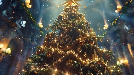 Sticker - A close-up of a glittering Christmas tree adorned with elegant ornaments, twinkling fairy lights, and a golden star at the top.