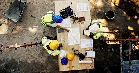 Poster - Construction site, business people and blueprint with tablet for architecture, building and planning. Above, engineer team and employees with ideas for industry renovation, infrastructure and meeting