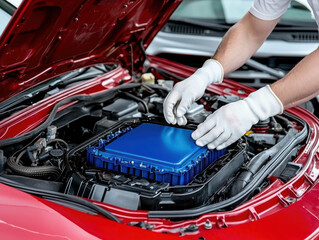 Battery replacement energy concept. A mechanic is installing a blue component into the engine compartment of a red car, showcasing automotive maintenance and repair skills.