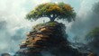 © nurman - Surreal landscape a person stands atop a mountain of books, beneath a large tree, shrouded in mist;  a magical scene representing knowledge and discovery.