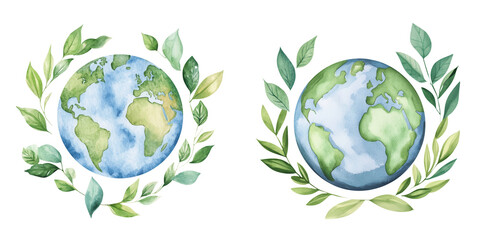 Poster - Two Earth illustrations surrounded by leafy wreaths, symbolizing nature and environmental themes, white background, transparent background.