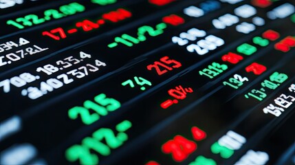 Poster - Close-up of stock market data on a screen with rising and falling trends, providing ample copy space for financial content or branding.