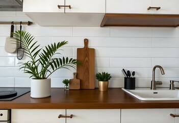 Wall Mural - Modern minimalist kitchen decor with plants and wooden chopping boards