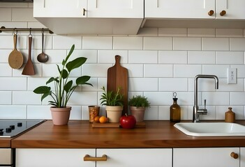 Modern minimalist kitchen decor with plants and fruits displaying tranquility