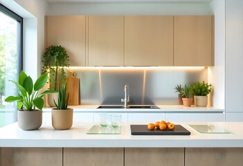 Wall Mural - Plants, apricots, and modern design create a tranquil atmosphere in this bright kitchen