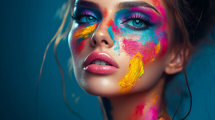 Wall Mural - A beautiful girl with artistic, colorful makeup surrounded by notes.