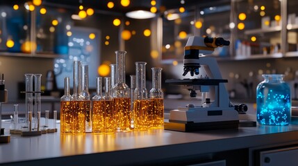 Poster - A laboratory scene featuring various flasks, a microscope, and glowing liquids, emphasizing scientific exploration.