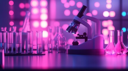 Poster - A laboratory scene with a microscope and glassware, highlighting scientific research and experimentation.