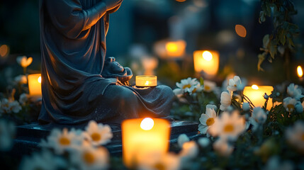 Poster - defocused Serene candlelit memorial with flowers and statue at dusk,Saint Brigid's Day