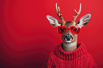 Poster - Funny deer wearing red glasses and a sweater on an isolated background