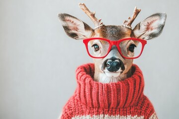 Poster - Funny deer wearing red glasses and a sweater on an isolated background