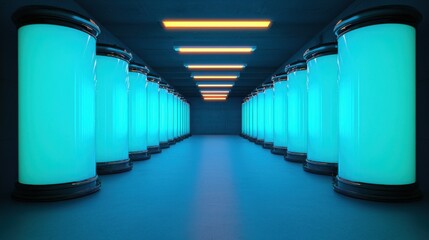 Wall Mural - a futuristic corridor lined with glowing blue cylindrical tanks under bright lights, creating a sci-