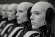 © Thali - Black and white photograph of humanoid robots lined up in rows, all with the same design, displaying different expressions on their faces