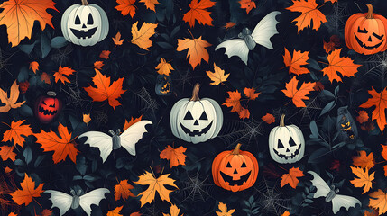Wall Mural - seamless pattern featuring classic Halloween symbols intertwined with autumn leaves.