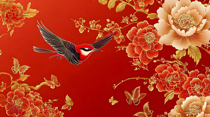 Wall Mural - Elegant Chinese oriental pattern background vector. Elegant swallow bird and peony flower golden line art on red background. Design illustration for happy new year, wallpaper, banner, card.