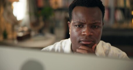 Poster - Home, black man and confused with computer for education, thesis research and thinking for assessment. House, student distance learning with digital for college essay, studying and problem solving
