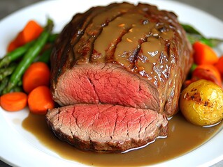 Sticker - A plated roast beef dish with gravy, accompanied by vegetables and potatoes.