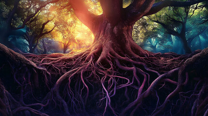 Wall Mural - dream where vast network of roots underground, connecting trees of different kinds, representing the