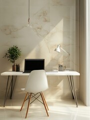 Poster - Stylish work place with modern laptop on white table, white chair near on light wall background. 3D rendering