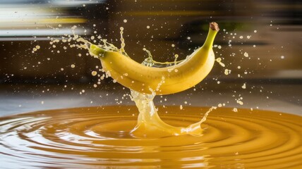 Wall Mural - Banana Splashing in Liquid Creating Beautiful Water Droplets