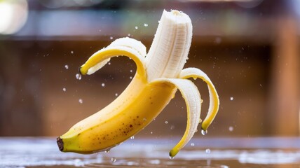 Wall Mural - Fresh Banana with Splashing Water Droplets on Wooden Surface