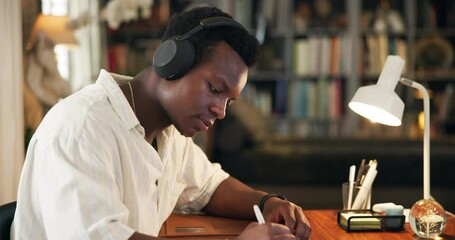 Aufkleber - University, library and man with headphones and books for learning, education or studying for test. School campus, night and person listen to music writing notes for research, assignment or project