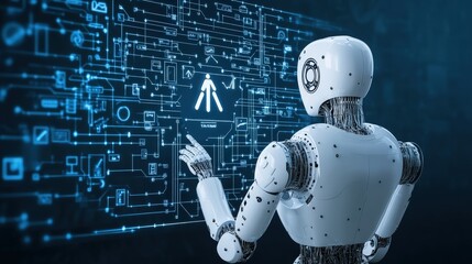 Aufkleber - Futuristic Robot Analyzing Data in front of Technological Interface with Interactive Elements and Digital Connections in Sci-Fi Style Presentation
