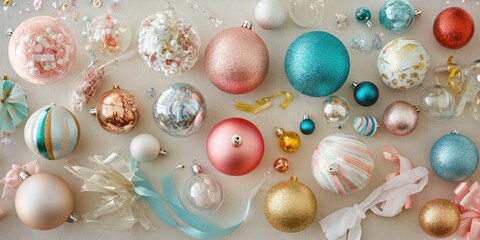 Wall Mural - Top view of a collection of DIY ornaments arranged on a table, with crafting supplies like glue, glitter, and ribbons scattered around.