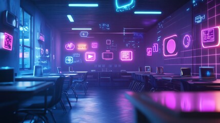 Poster - Futuristic Classroom with Neon Lights and Digital Displays