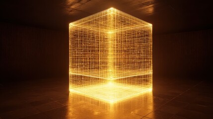 Poster - Glowing Golden Cube with Digital Lines in a Dark Space