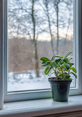 Wall Mural - A view of the winter landscape through a window with a green plant