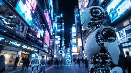 Poster - Futuristic City Scene with Robots and Neon Lights at Night
