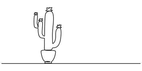 Poster - Cactus on the top continuous one line drawing Black and White Sketch House Plants Isolated on White Background, Vector continuous one simple single abstract silk line drawing of cactus isolated on, 