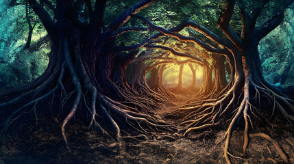 Wall Mural - dream where vast network of roots underground, connecting trees of different kinds, representing the