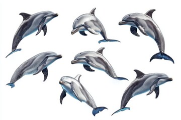  Six Stunning Atlantic Spotted Dolphins Leaping and Playing Against a White Background - High-Resolution Stock Photo