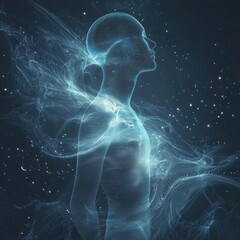 Fototapete - Ethereal human silhouette in digital meditation realm with flowing data virtual space 3d visualization abstract concept