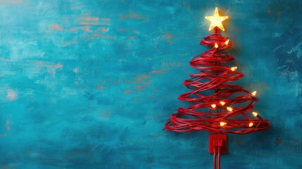 Fototapete - Artistic Christmas tree crafted from a red cable, featuring glowing lights and a star, plugged into an outlet on a vibrant blue canvas