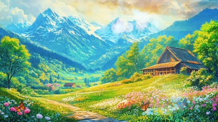 Aufkleber - Seamless Looping Anime Style Mountain Meadow with Traditional House, Wildflowers, and Vibrant Green Landscape. Tranquil Nature Animation